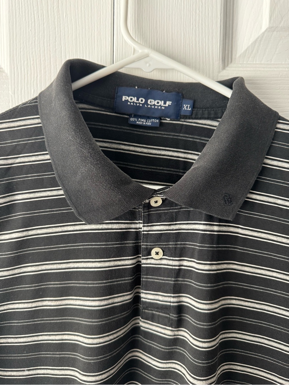 Polo Golf Ralph Lauren Black Grey Striped Pima Cotton Polo Shirt RL Monogram XL